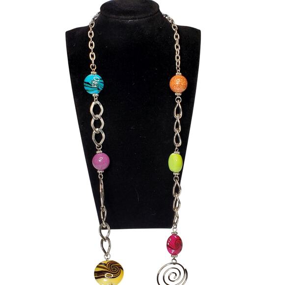 Silver Tone Extra Long Colorful Bohemian Necklace 36" Retro - Picture 3 of 5